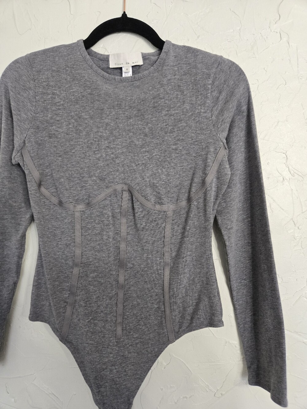 Fleur Du Mal Gray Cotton Long Sleeve Bustier Bodysuit, M - Picture 2 of 9